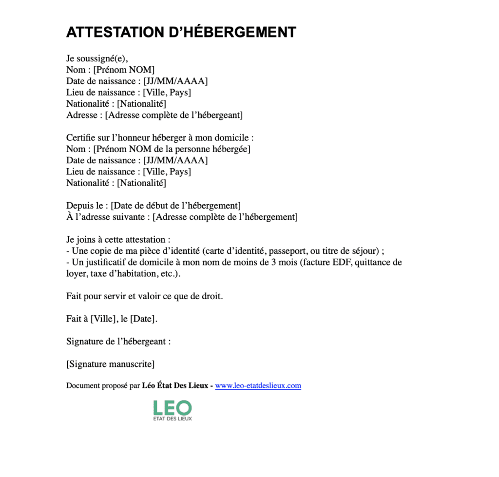 Attestation d'hébergement